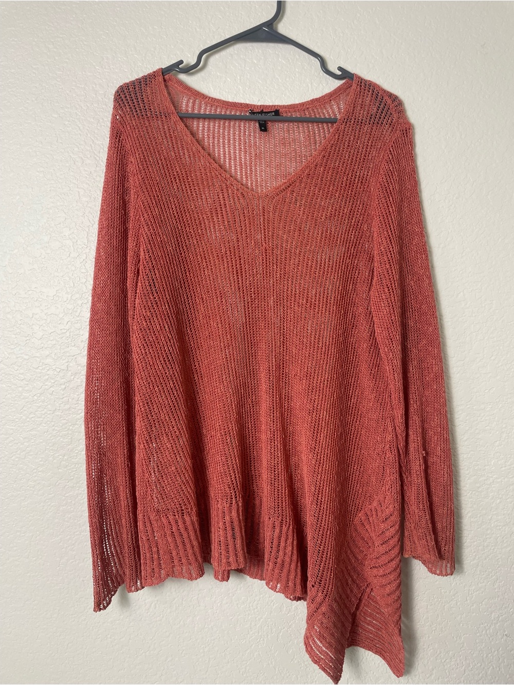 Eileen Fisher XL Linen Cotton Open Knit Asymmetrical Sweater Coral
